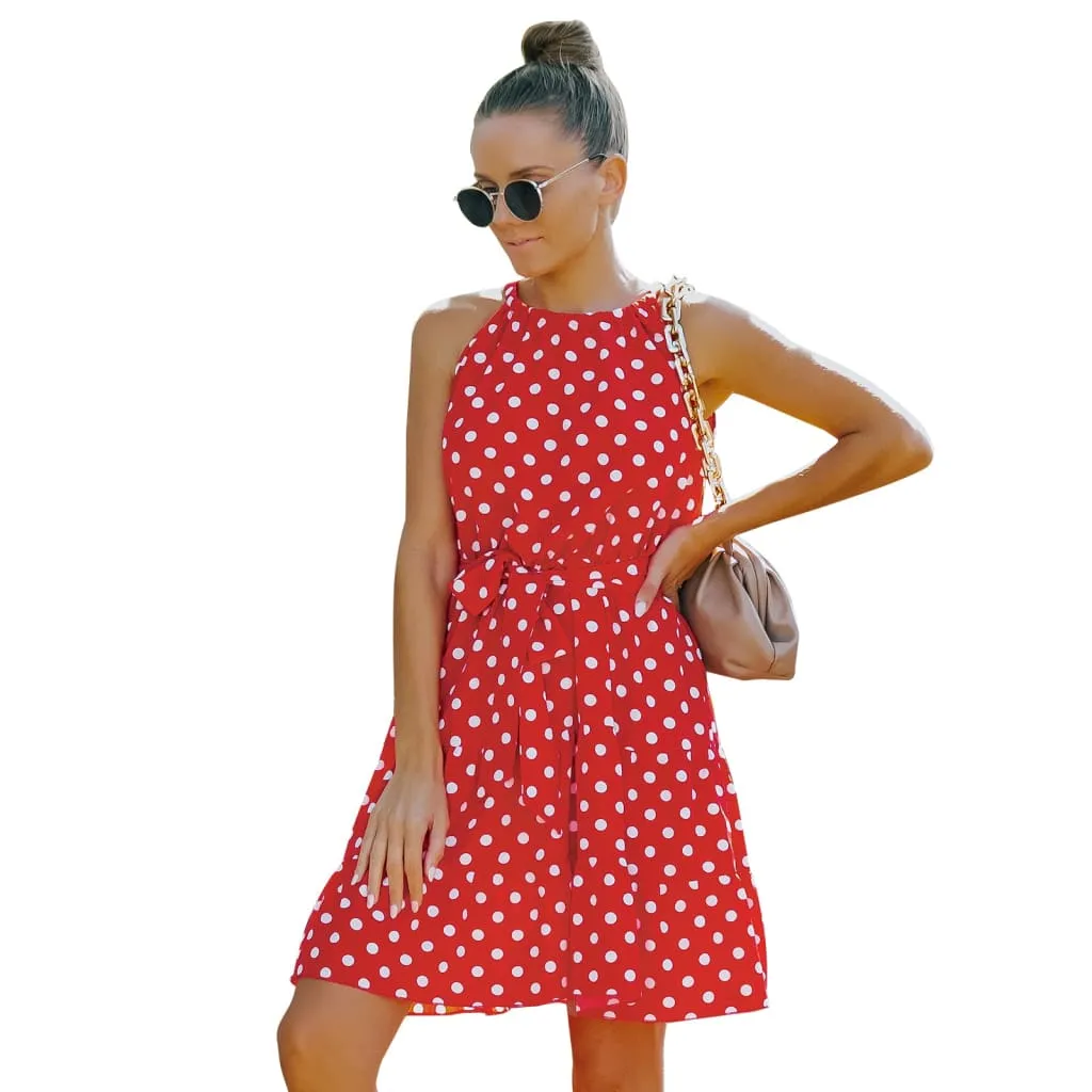 Round Neck Sleeveless Belted Polka Dot Dress