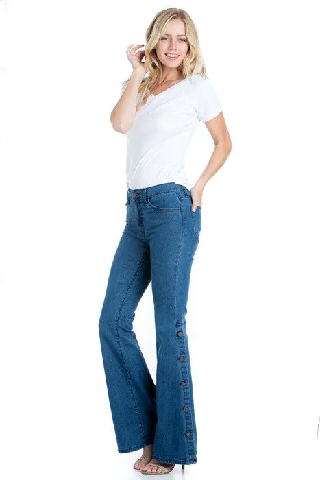 Side Leg Button Down Flare Denim Jeans