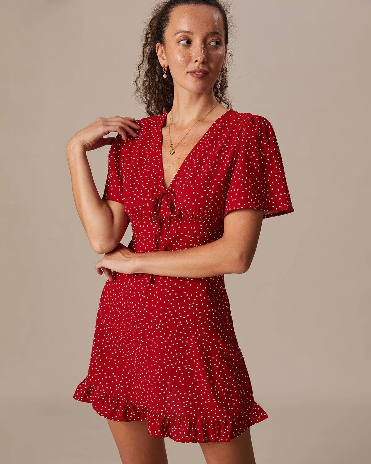 The Red V Neck Polka Dot Flounce Mini Dress