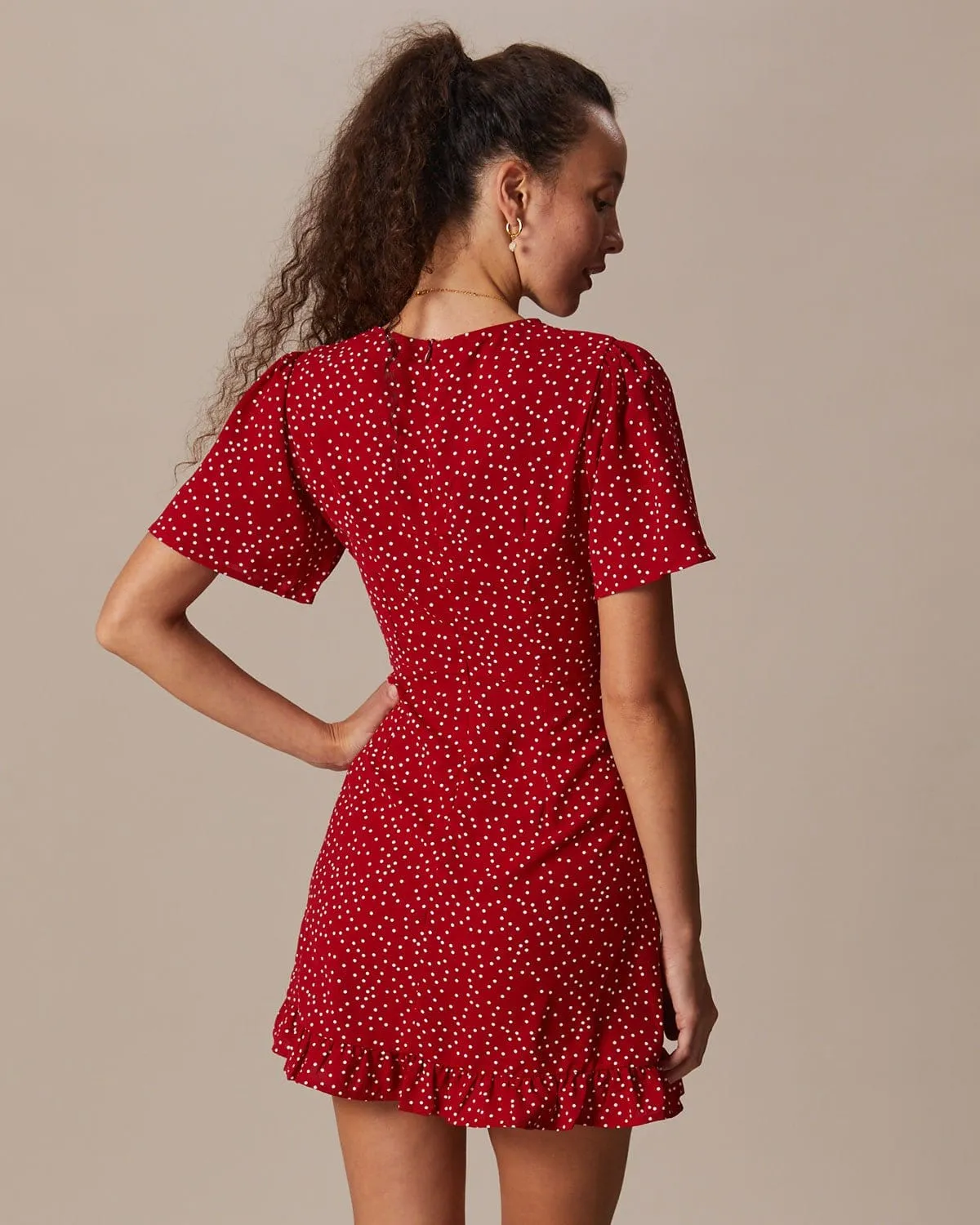 The Red V Neck Polka Dot Flounce Mini Dress