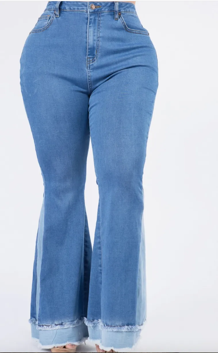 Two Tone Curvy Fit Bell Bottom Flare Jeans