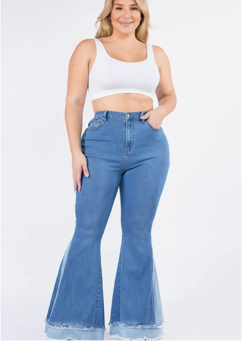 Two Tone Curvy Fit Bell Bottom Flare Jeans