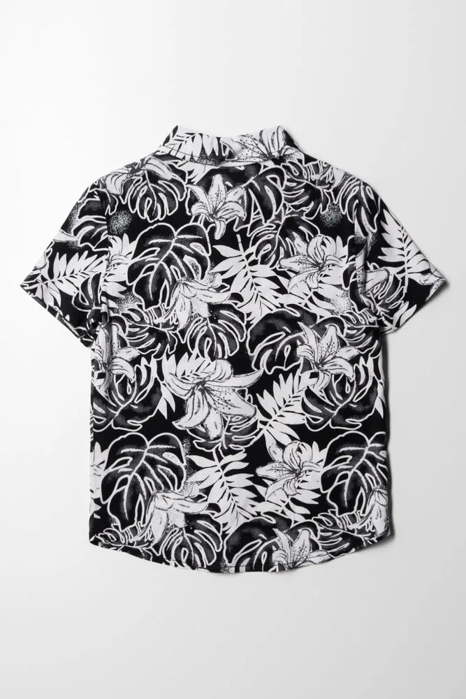 Viscose Resort Shirt Palms Black And White