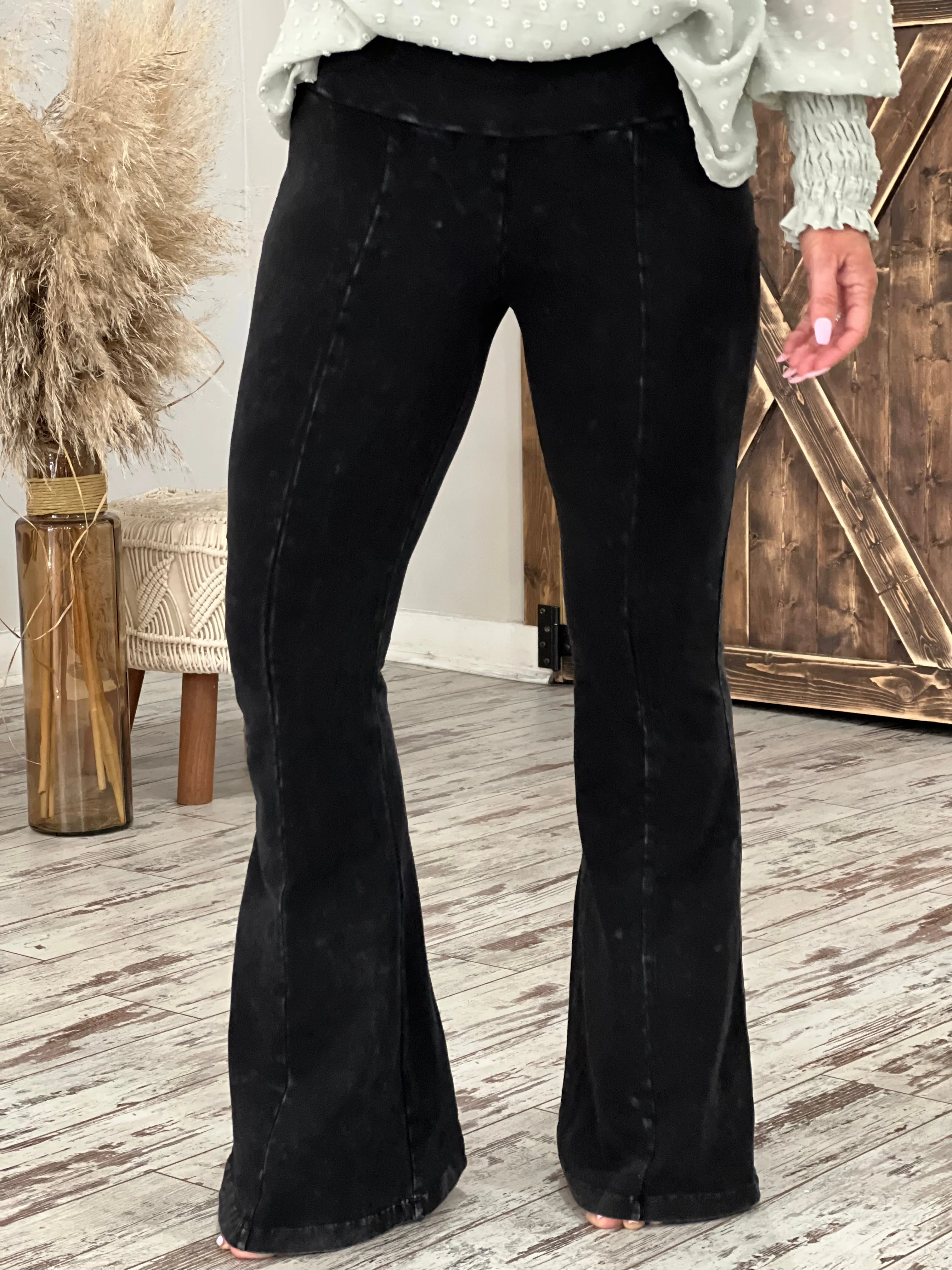 Washed Bell Bottom Front Seam Flare Pants in Black