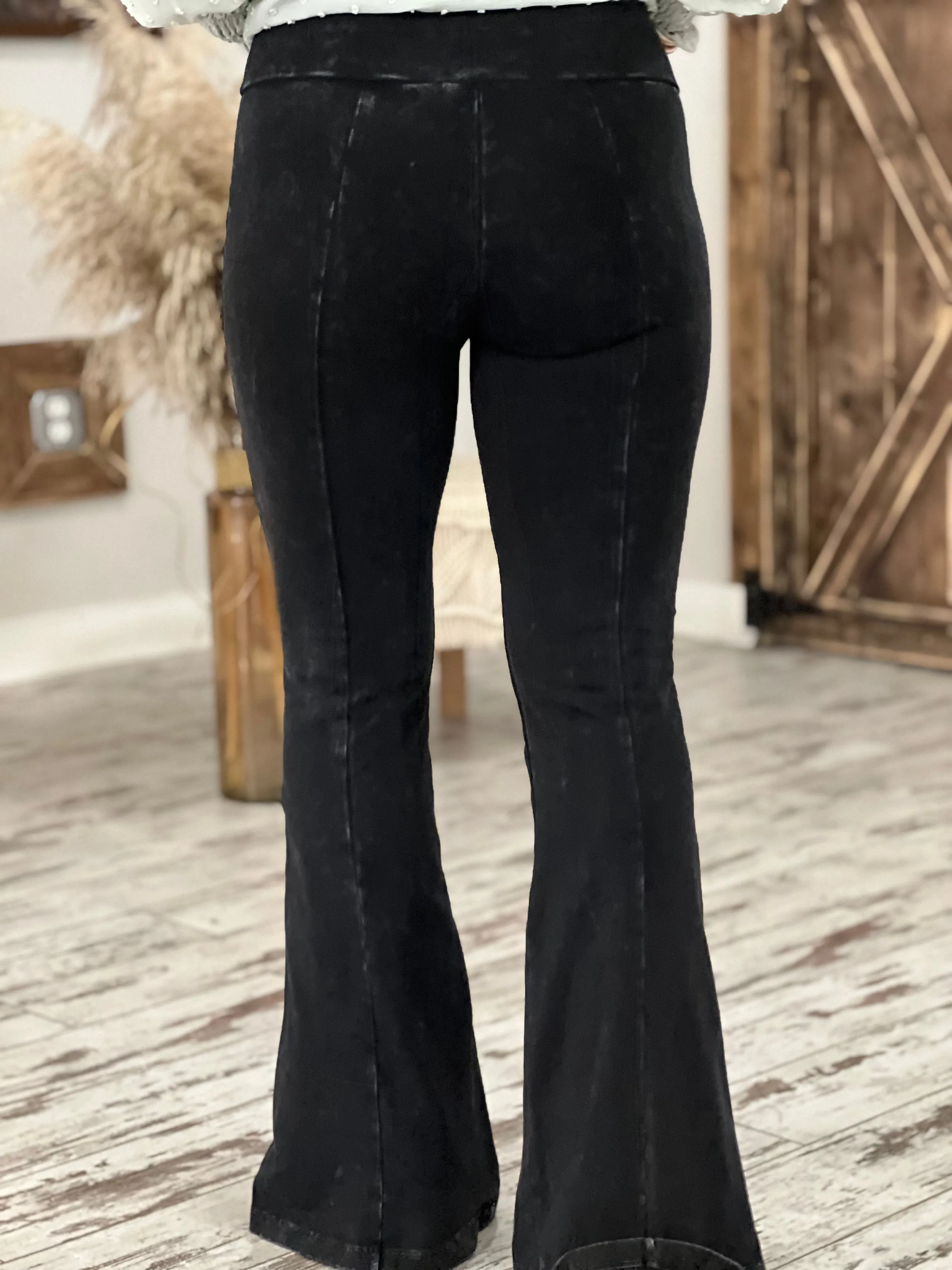 Washed Bell Bottom Front Seam Flare Pants in Black