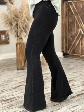 Washed Bell Bottom Front Seam Flare Pants in Black