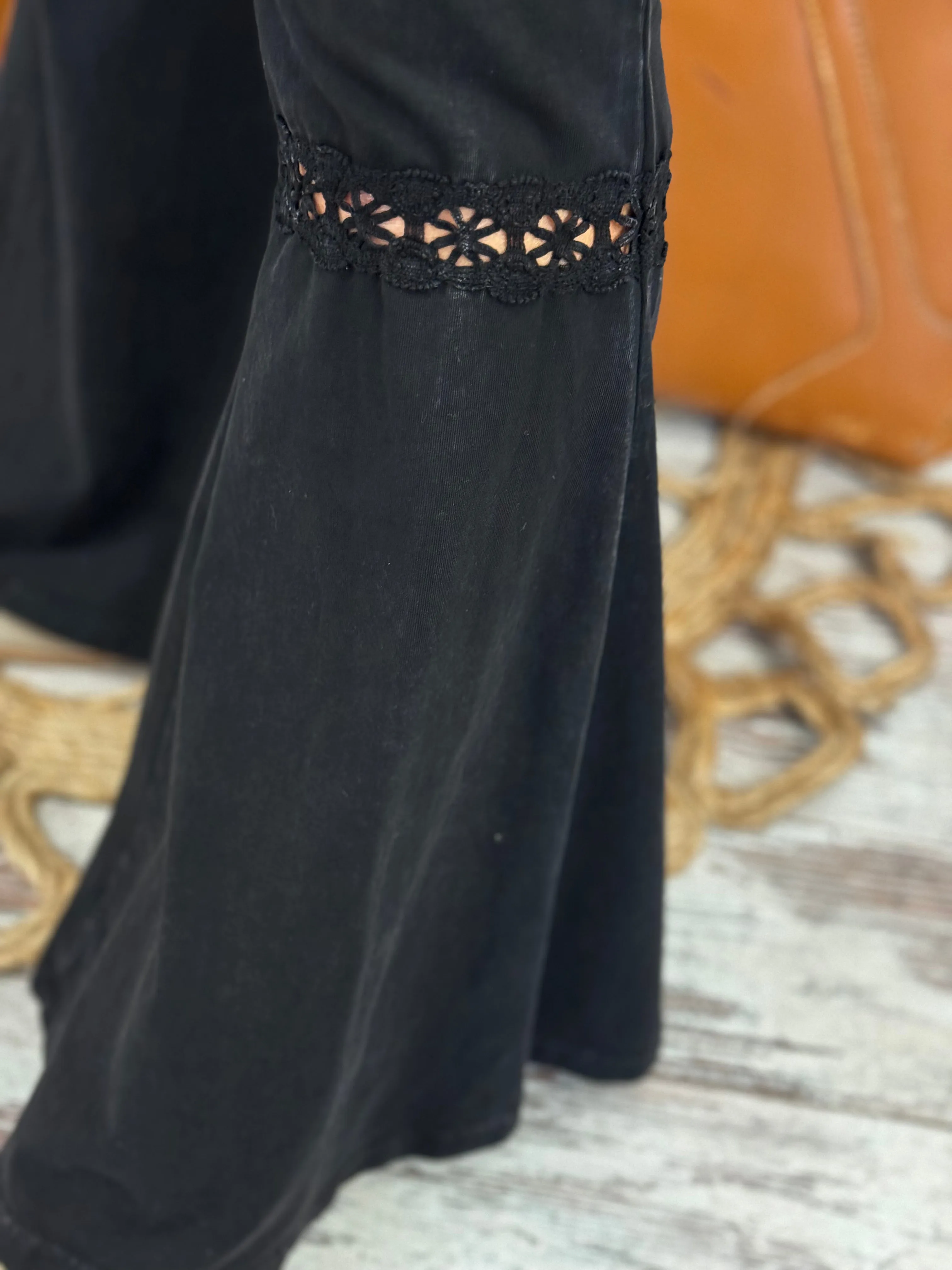 Washed Crochet Lace Bell Bottom Flare Pants in Black