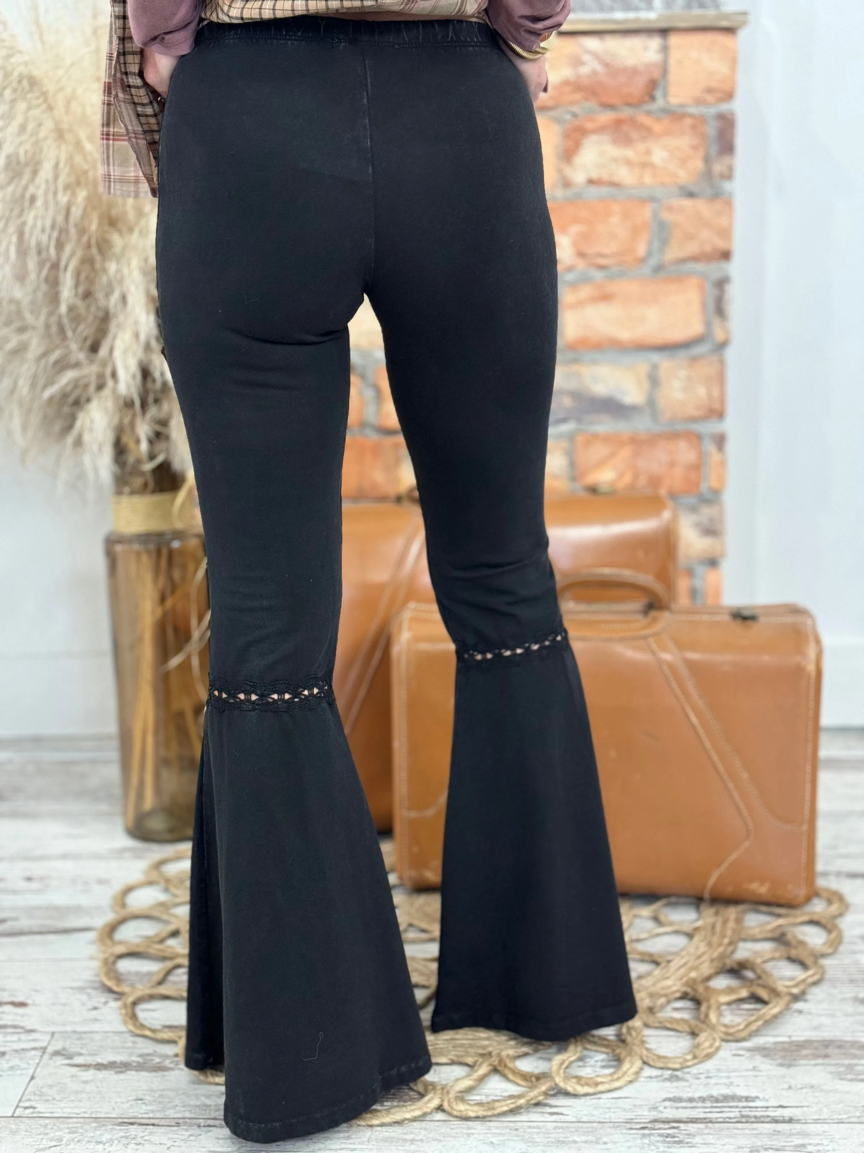 Washed Crochet Lace Bell Bottom Flare Pants in Black