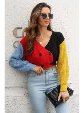 Women Cropped Contrast Color V- Neck Buttoned Cardigan