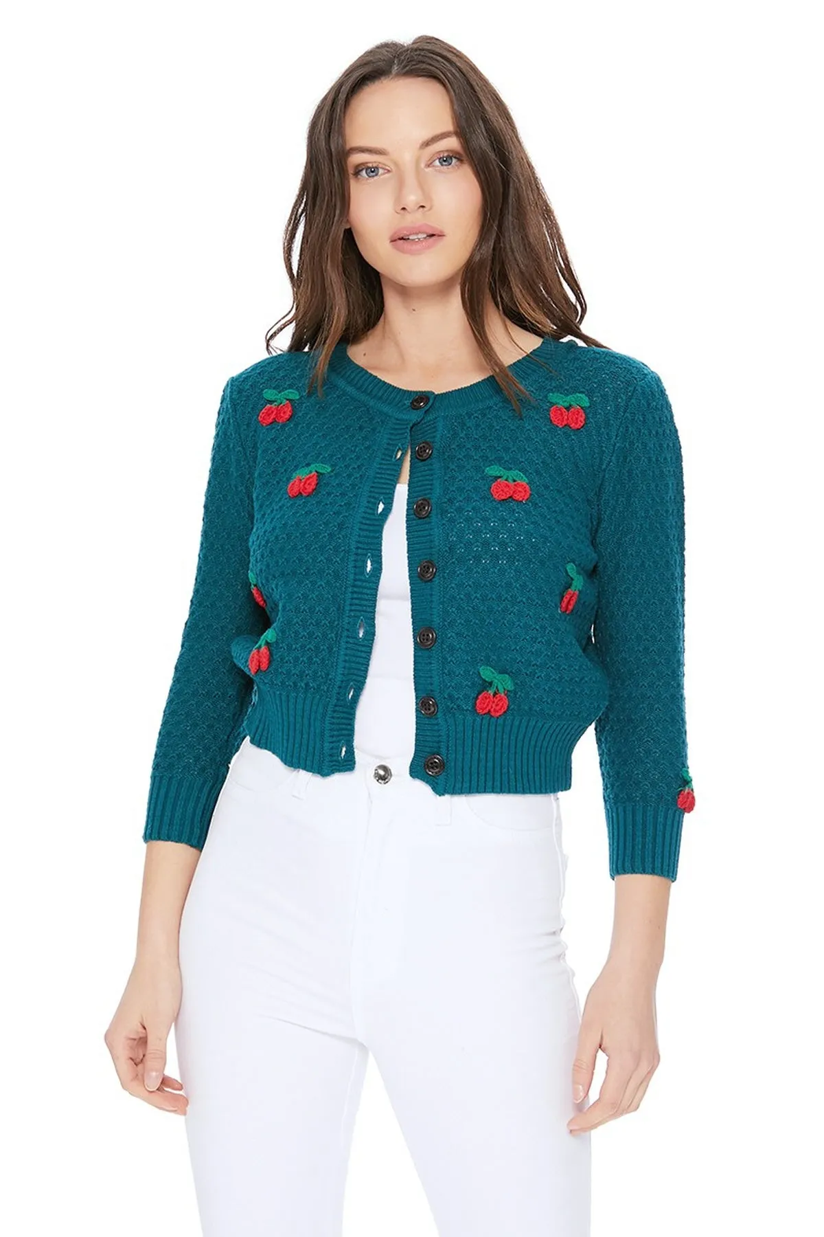 YEMAK Women's Cherry Pom Pom 3/4 Sleeve Cropped Honeycomb Knit Cardigan Sweater MK3515 (S-L)